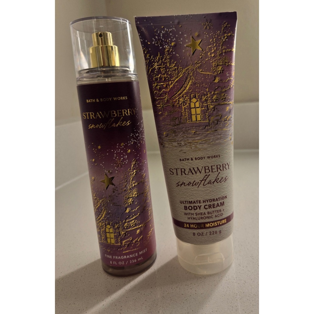 Bath & Body Works Strawberry‎ Snowflakes Fine Fragrance Mist & Cream Set